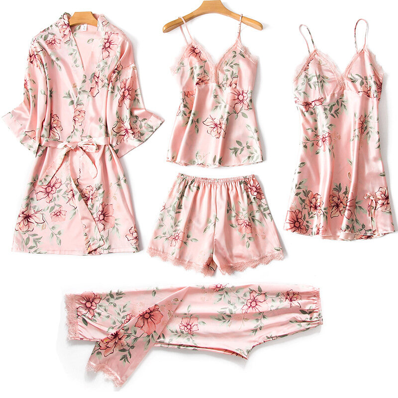 Pajama Set Women Lace Trim Satin Sleepwear Pyjamas Pour Femme Summer Nightwear With Pants Casual Home Wear Kimono Robe Gown