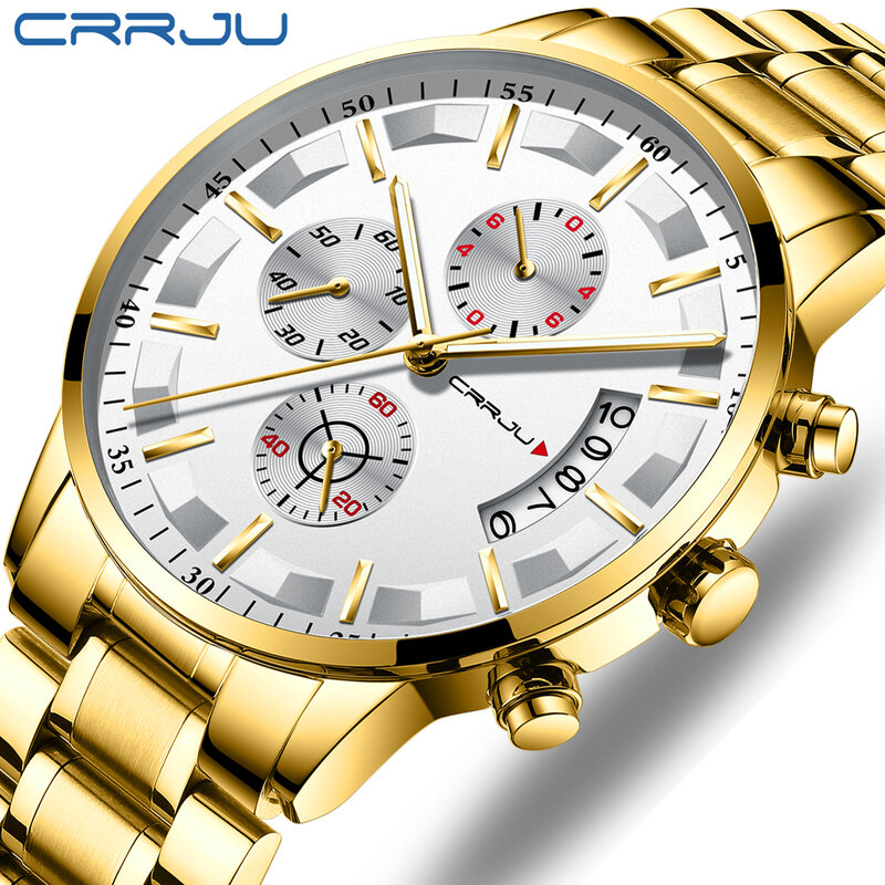 Luxo crrju negócios masculino relógio clássico ouro multi-função cronógrafo aço inoxidável à prova dwristwatch água relógio de pulso presentes para homem