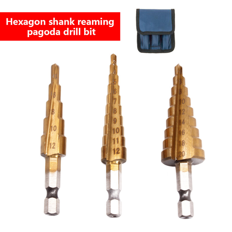 เหล็กโลหะงานไม้เจาะ 3pcs HSS STEEL TITANIUM Step Drill Bits 3-12mm 4-12mm 4-20 มม.กรวยตัดเครื่องมือกระเป๋า