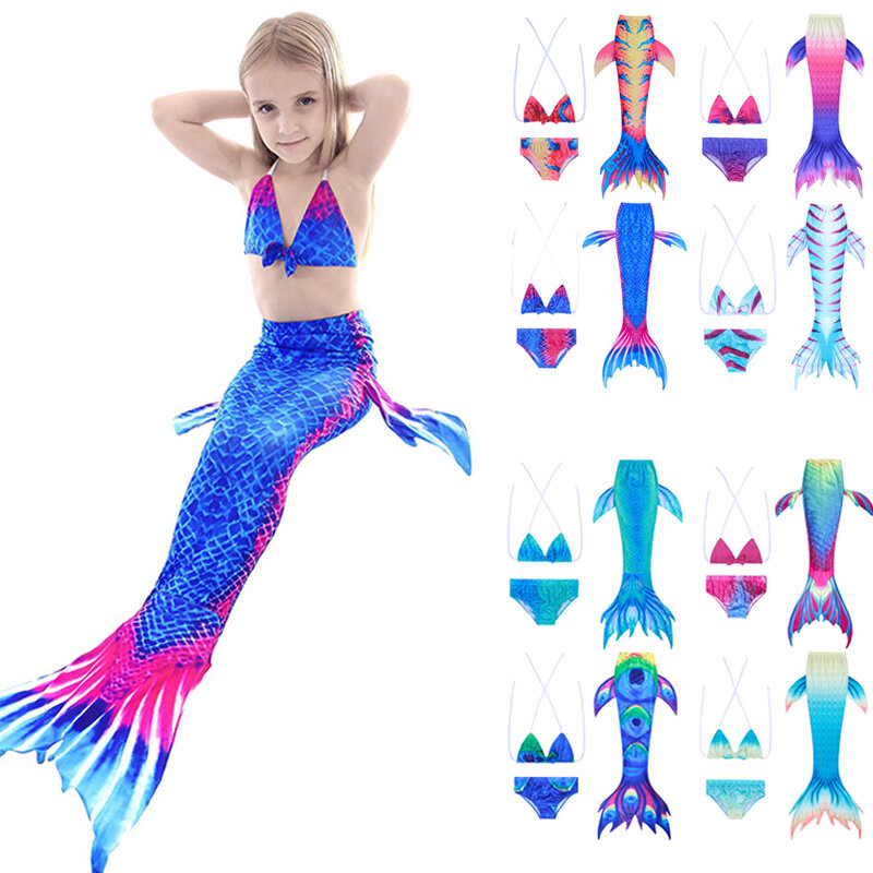 Conjunto de roupas infantis cauda de sereia, 3 peças, fantasia cosplay, meninas, cola de sirena, cauda de sereia para natação