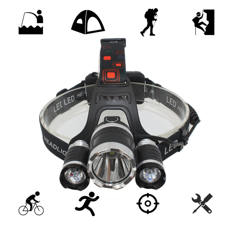 Lampe frontale à LED T6 + 2 * R5, lampe torche Rechargeable, éclairage de pêche et de chasse, avec batterie 18650 et chargeur