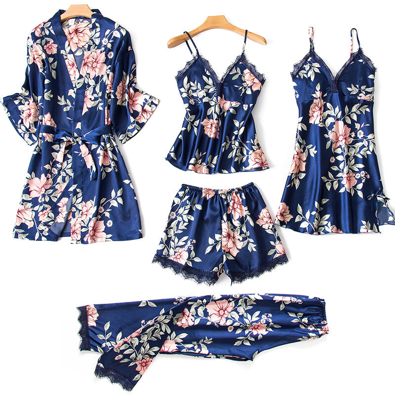 Set Piyama Wanita Renda Satin Pakaian Tidur Piyama Tuangkan Femme Pakaian Tidur Musim Panas dengan Celana Kasual Pakaian Rumah Kimono Jubah Gaun