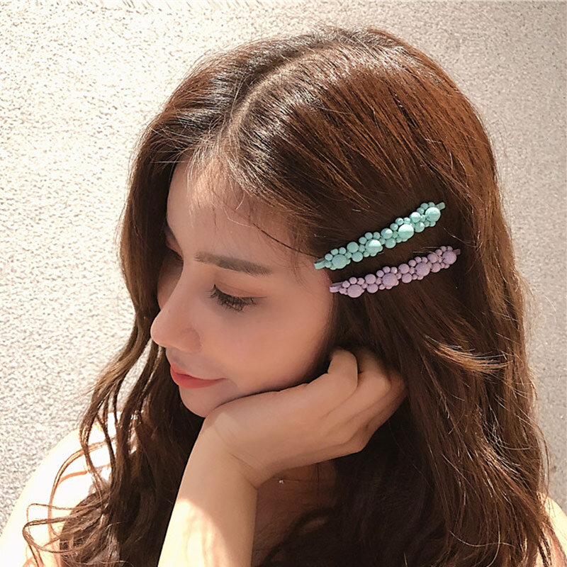 Moda geometryczna koreańska ozdoba do włosów klip dla kobiet plastikowe koraliki pleciony cukierki kolor dziewczyny spinki Handmade Barrette Stick