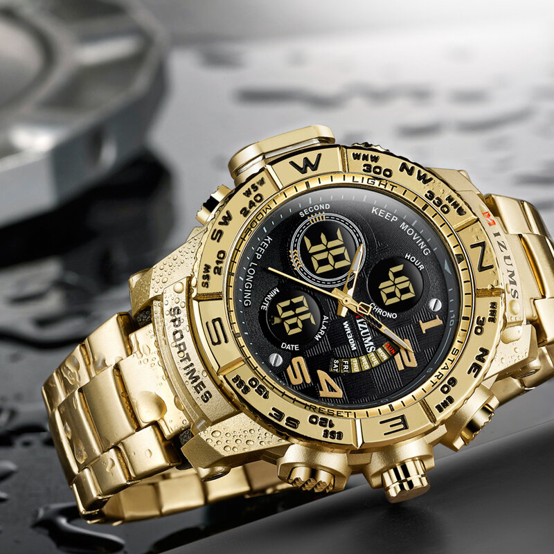 Роскошные Брендовые мужские часы с золотым стальным ремешком, повседневные кварцевые часы для мужчин, светодиодные цифровые водонепроница...