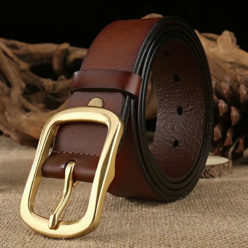 Cinturón de cuero genuino de vaca para hombre, alta calidad, con hebilla, para pantalones vaqueros