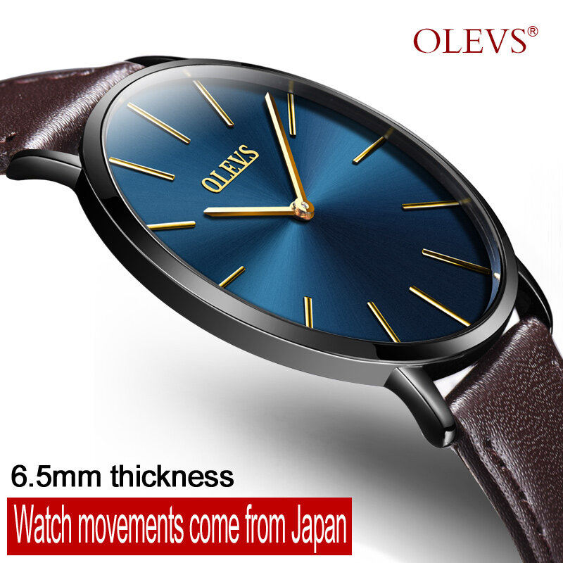 Olevs超薄型カップル時計男性腕時計革時計バンド石英女性腕時計防水愛好家の時計用1ピース価格