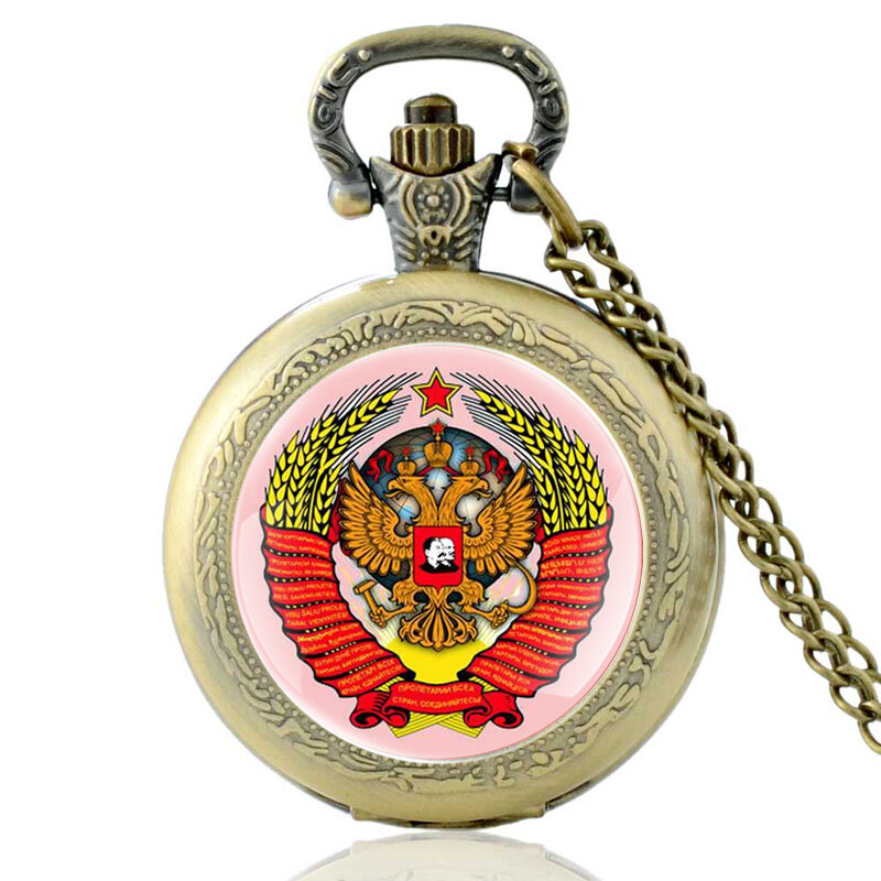 ساعة جيب كوارتز برأسين عتيق من البرونز السوفيتي ، قلادة قلادة بنجل لينين كلاسيكي
