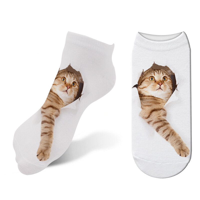 Meias de gato estampadas 3d, meias femininas de gato fofo, gato, corte baixo, meias casuais de desenhos animados, meias de gato, cachorro, imperdível