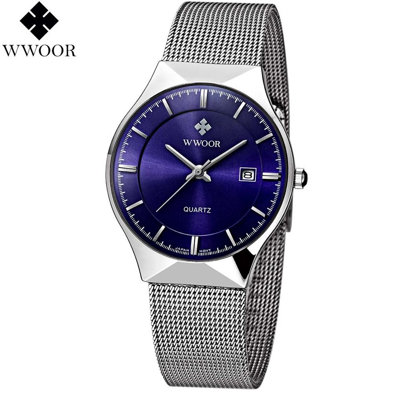 Wwoor relógio quartzo pulseira malha aço inoxidável, relógio de pulso masculino marca de luxo