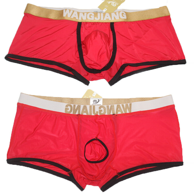 Cueca boxer masculina wangjiang e, cueca boxer transparente com buraco na frente, roupa de baixo para homens