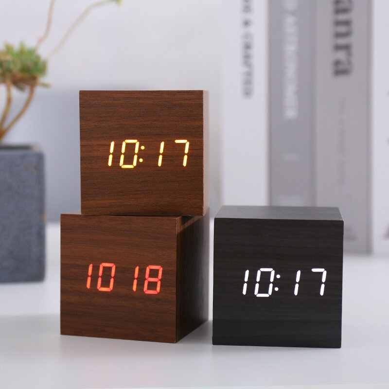 JINSUN-ساعة مكتب خشبية عصرية ، منبه رقمي ، تحكم في الصوت ، شكل مربع ، وجه واحد ، تنشيط ذكي