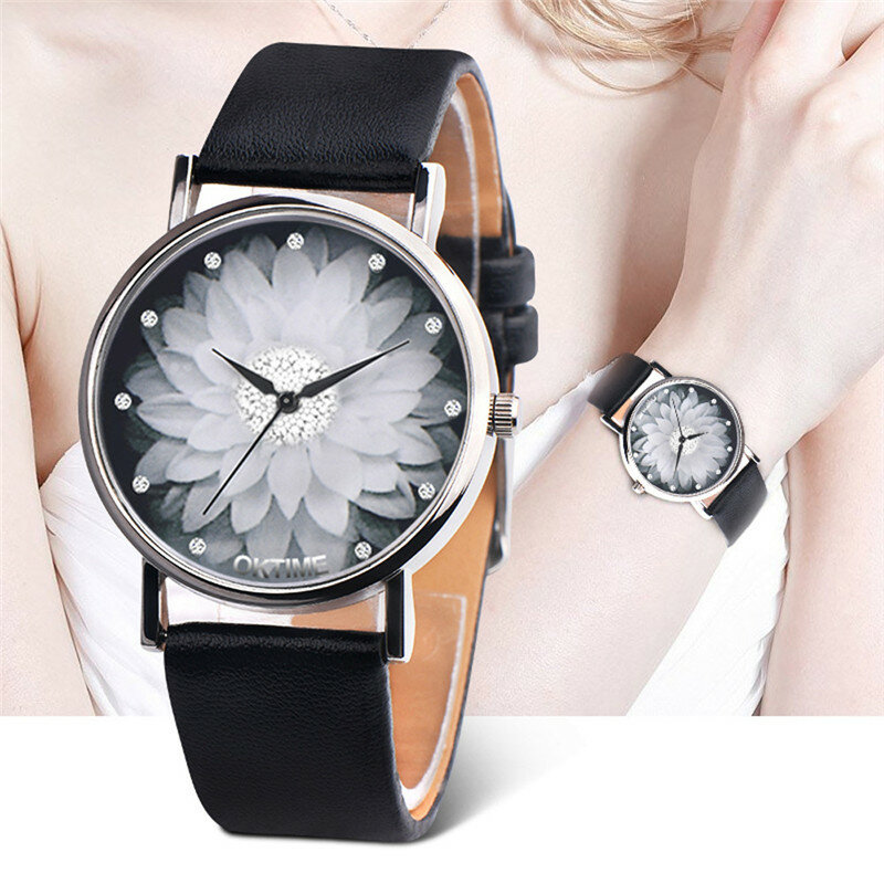 Relógio de pulso com pulseira de couro feminino, relógio de quartzo para mulheres, elegante, estampa de lótus, strass, pulseira de couro, venda imperdível