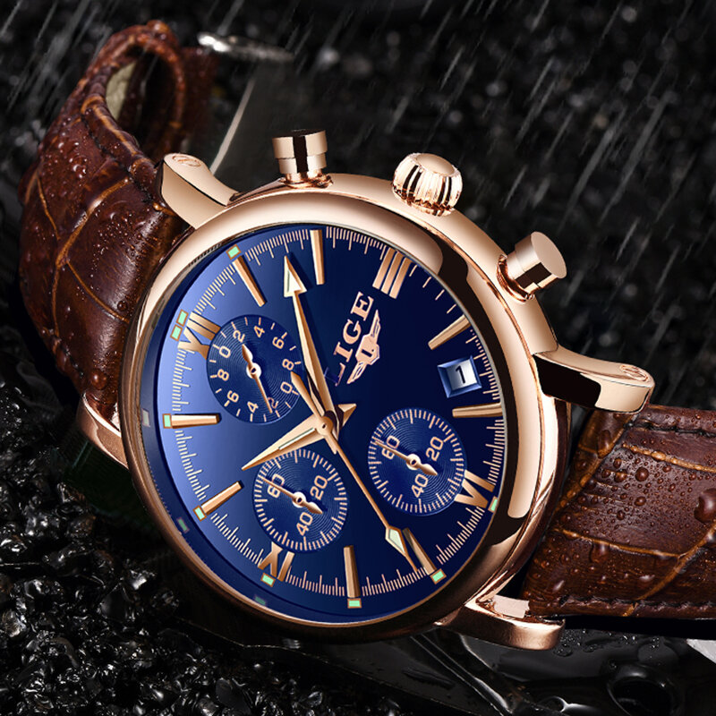 Часы наручные LIGE мужские с кожаным ремешком, деловые модные водонепроницаемые кварцевые брендовые люксовые, с датой, 2022