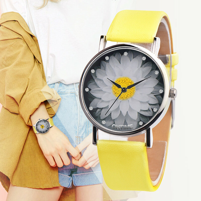 Reloj de cuarzo de estilo salvaje para mujer, pulsera de cuero, informal, con flor de loto, regalo