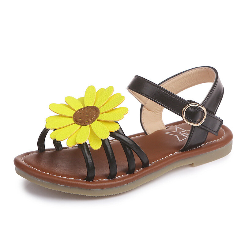 CUZULLAA-zapatos infantiles para niñas, sandalias para niñas pequeñas de cuero PU, zapatos con flores y sol, traje de gladiador de princesa para verano