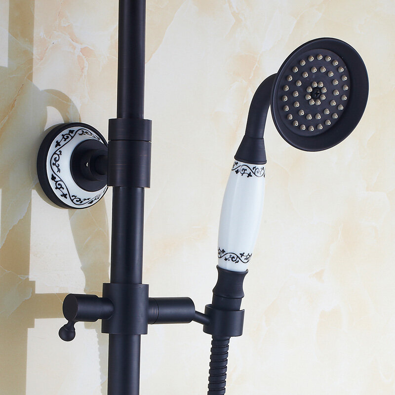Robinets de douche en cuivre noir brossé 8 ", ensemble de robinets de douche de pluie ronds avec pulvérisateur à main en céramique YD-633
