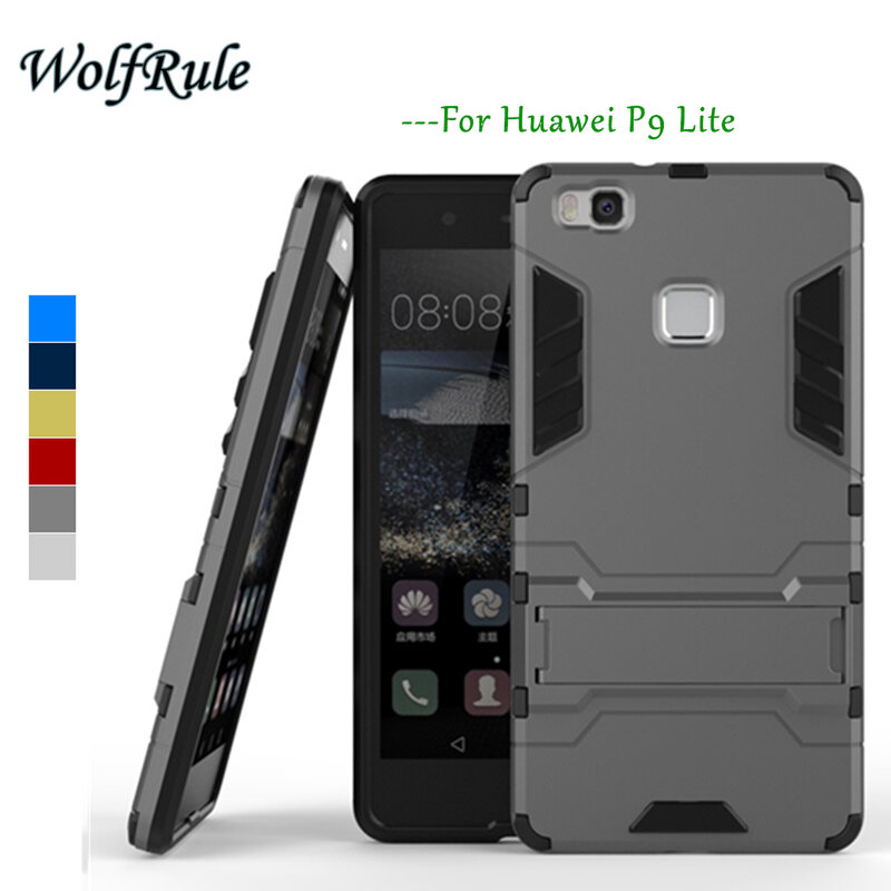 WolfRule Anti-knock Case Huawei P9 lite Cover Soft Silicone + Plastic Case para Huawei P9 Lite Case G9 Lite Holder Stand Funda