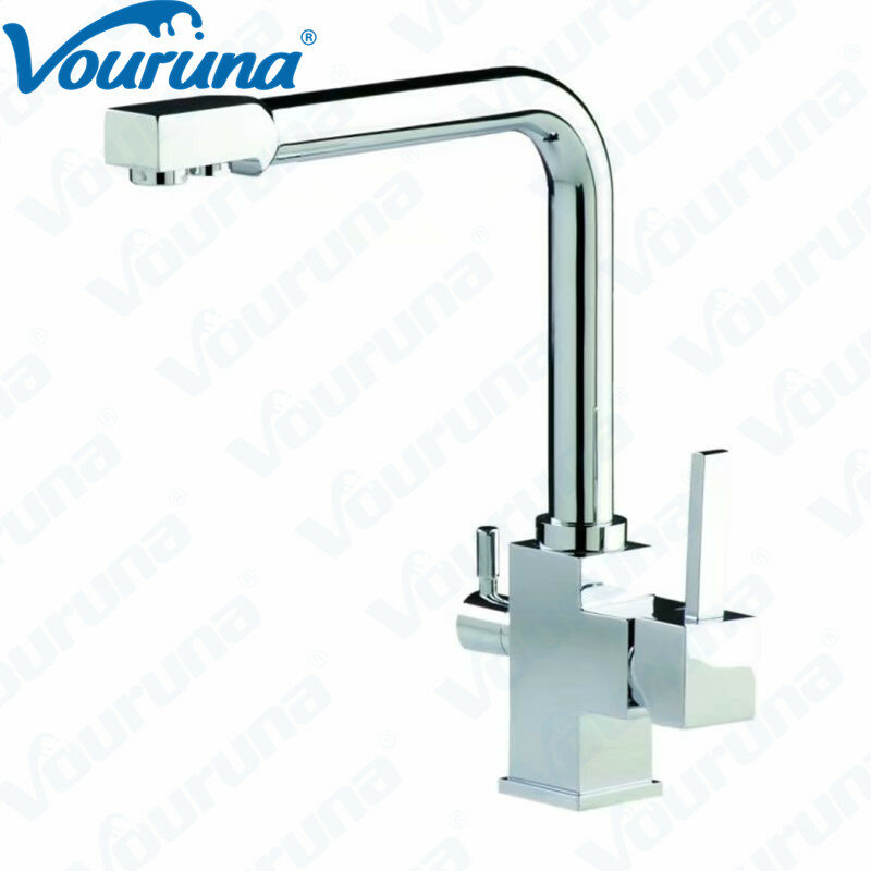 Квадратный поворотный кран VOURUNA с фильтром для чистой воды, кухонный смеситель с тройным потоком, из твердой латуни и хром