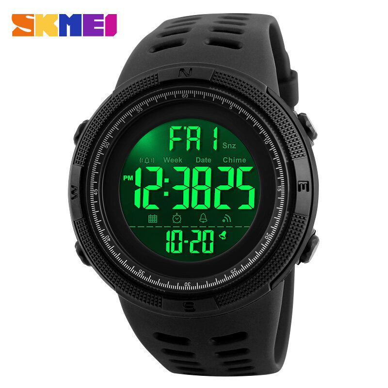 SKMEI-2021 패션 야외 스포츠 시계 남자 손목 시계 다기능 알람 크로노 5Bar, 방수 디지트 시계