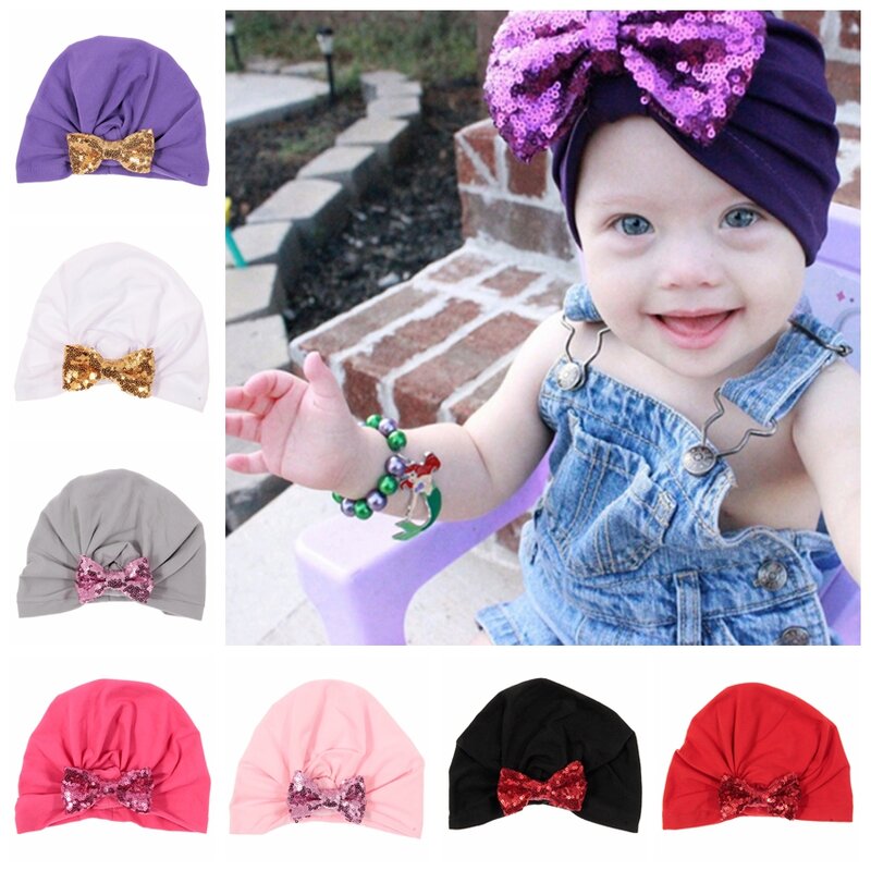 New Cute Newborn Turban Hat with Sequin Bow Cotton Blend Kids Caps Beanie Top Knot Handmade Hat Birthday Christmas Gift