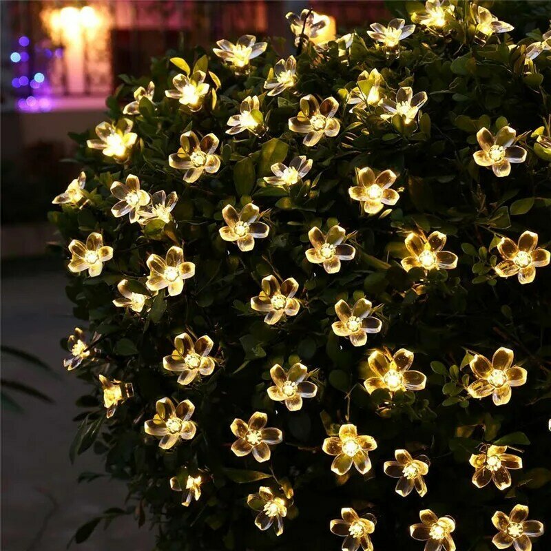 Lâmpadas solares com 50 leds tipo flor de pêssego, energia de 7m, cordão de lâmpadas tipo contos de fadas, para decoração de natal, jardim, áreas externas