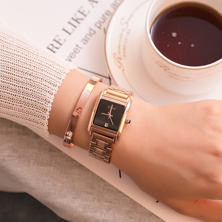 Guou relógio de pulso feminino 8089, relógio de marca de luxo em aço inox com ouro rosê, relógio de luxo para mulheres