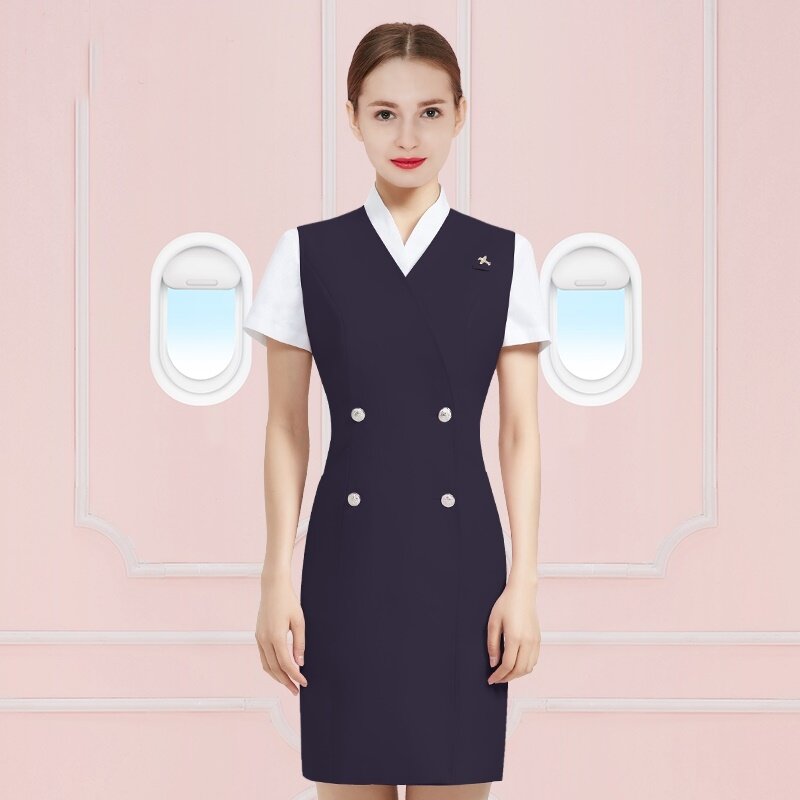Uniforme da esteticista do comissário de bordo uniformes vestidos do salão de beleza uniforme hostess vestido spa vestidos de escritório senhoras 2019 dd2200