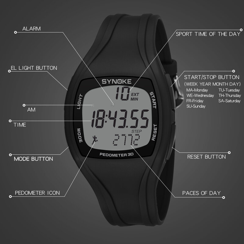 Synoke pedômetro digital relógio masculino pulseira de silicone led display eletrônico luminoso multifunções relógio de pulso militar reloj hombre