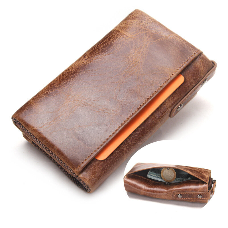 Carteiras de couro de luxo com bolso de moeda do vintage masculino bolsa função marrom genuíno carteira de couro masculino com suportes de cartão