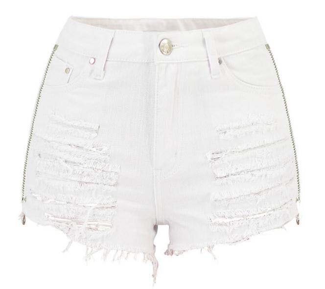 Frauen Hohe Taille Ripped Loch Denim Shorts Doppel-reißverschluss Quasten Zurück Tasche Stickerei Sterne Jeans Slim-Fit Weiß Shorts d79