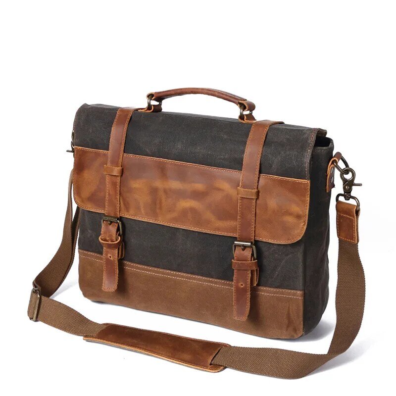 Briefcase Leather Men Briefcase Genuine Leather  Waterproof Canvas Men Briefcase Laptop Bags