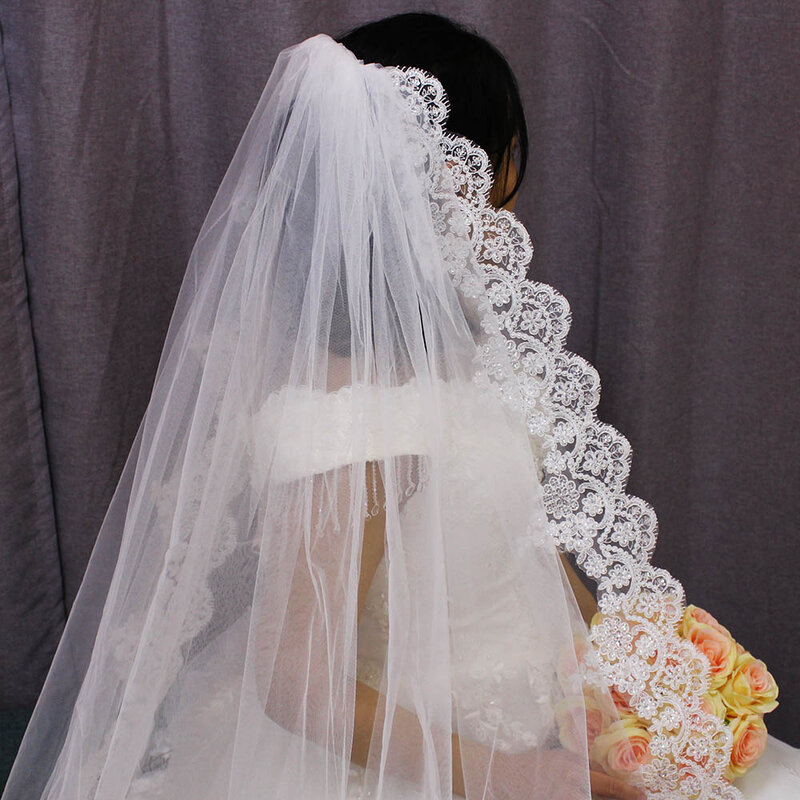 Velo de novia de lentejuelas brillantes, alta calidad, con borde de encaje, 3 M de largo, una capa, Catedral