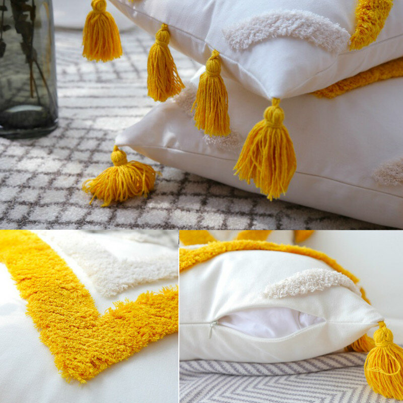 DUNXDECO-funda de cojín decorativa para el hogar, funda de almohada Bohemia de lujo, borlas geométricas amarillas brillantes, sofá moderno