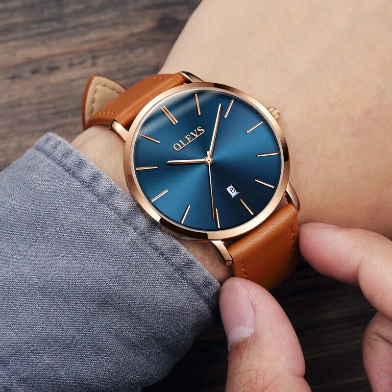 Olevs relógio masculino de quartzo, pulseira de couro genuíno, minimalista, ultrafino, relógio de pulso à prova d'água de alta qualidade