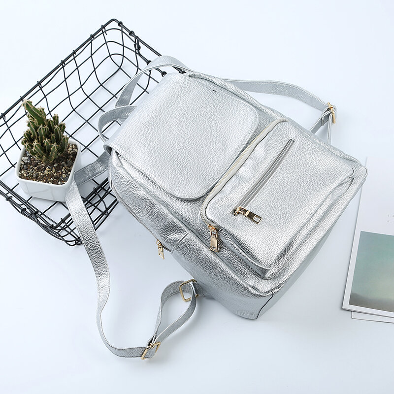 Popularidade simples moda prateada pu mochila feminina lichee patten superfície macia metal cor prata sólida mochila casual