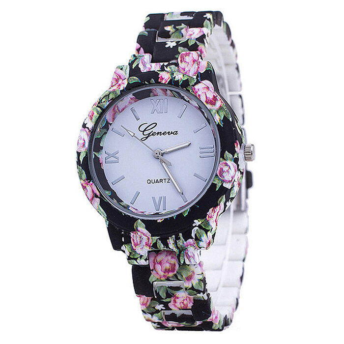 Nowe kwiaty zegarek damski genewa platynowy nadruk kwiat plastikowa opaska analogowy zegarek kwarcowy damski Vintage Fashion Ladies Watch