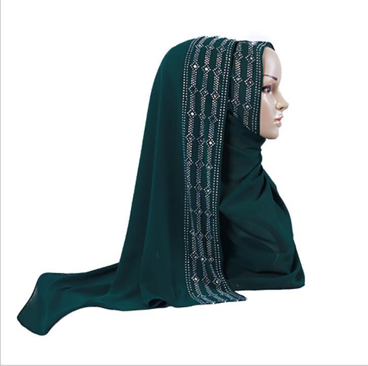 Di alta Qualità di Scintillio di Strass Bolla della Perla Chiffon Donne Sciarpa Musulmana Hijab Lungo Turbante Foulard Dello Scialle Tinta Unita 170x70cm