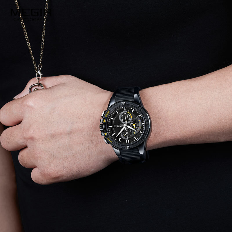 Megir relógio masculino com pulseira luminosa, de silicone, com cronógrafo, hora militar, preto, 2019