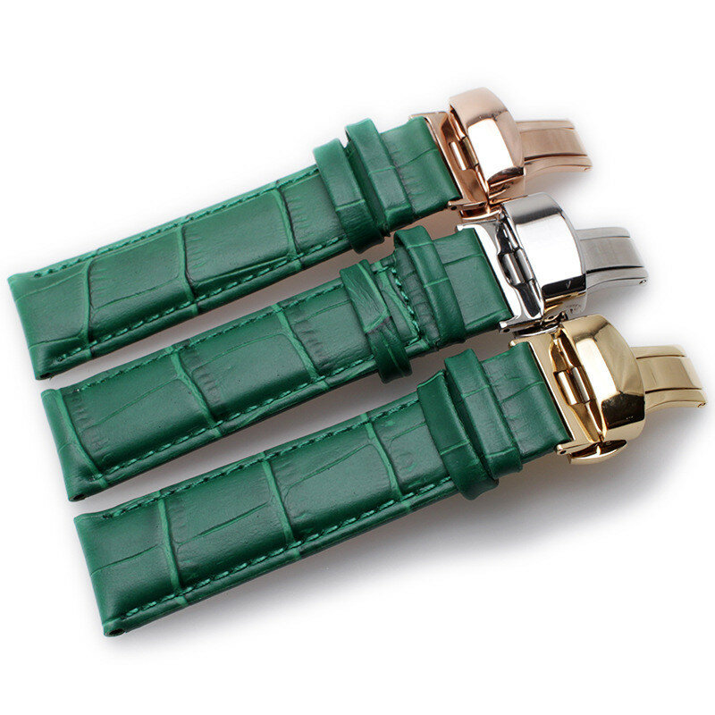 Grão de bambu verde pulseira de relógio de couro genuíno borboleta fivela pulseira das mulheres dos homens 12mm 14mm 16mm 18mm 20mm 22mm