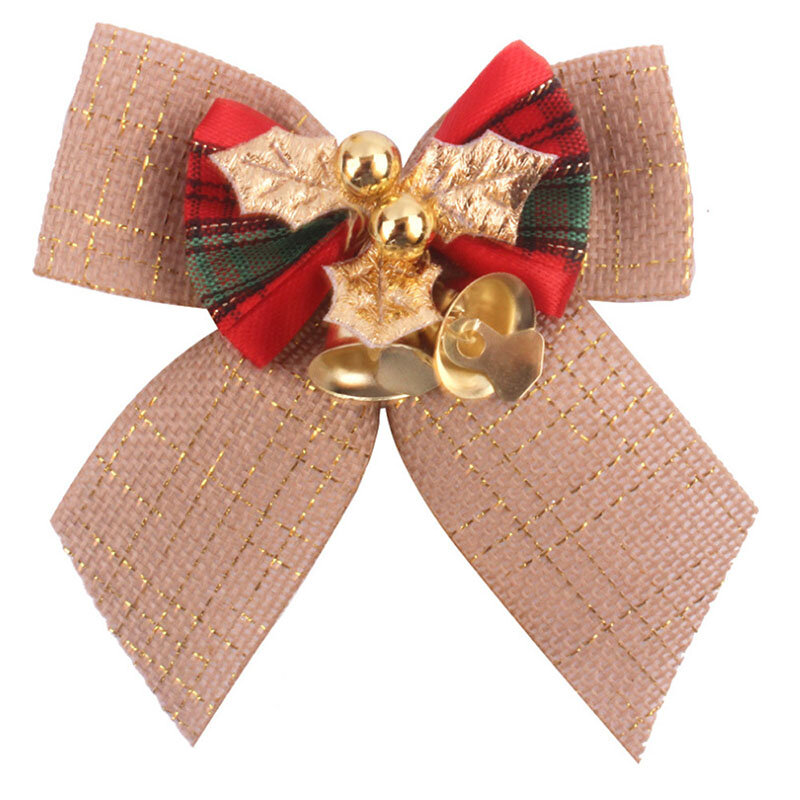 12 pçs/lote bowknot delicado presente de natal arcos com pequenos sinos diy arcos artesanato decoração da árvore de natal gravata borboleta 8*8cm