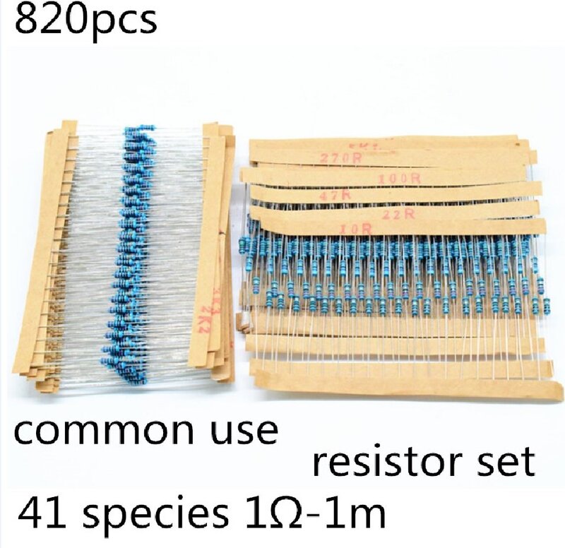 Pacote de resistor de filme de metal diy, conjunto de resistor de filme de metal com 20 unidades 820 1/4w (10 ohms ~ 1 m ohm)