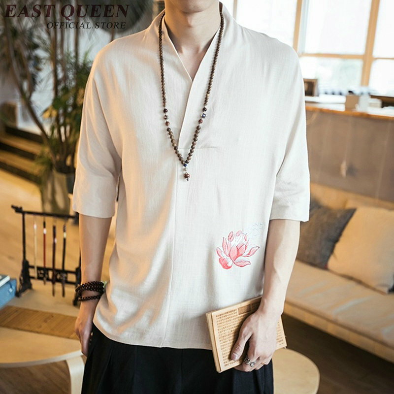 Roupa chinesa tradicional masculina, camisa com gola mandarin, wushu kung fu, roupa tops de linho masculina