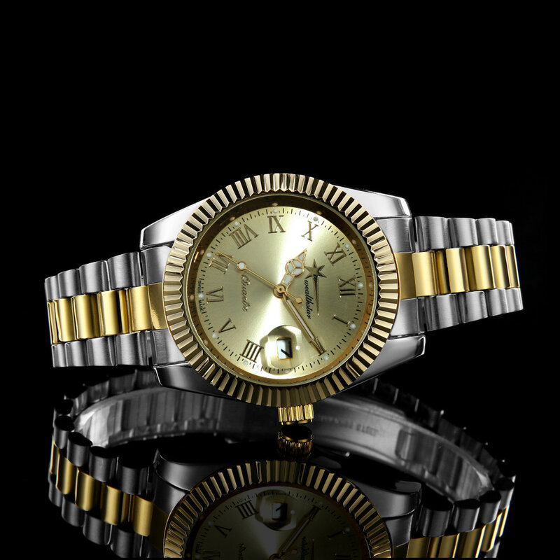 Wealthstar marca moda quartzo esporte masculino relógio automático data de aço inoxidável pulseira relógios casual relógio de pulso de aço completo