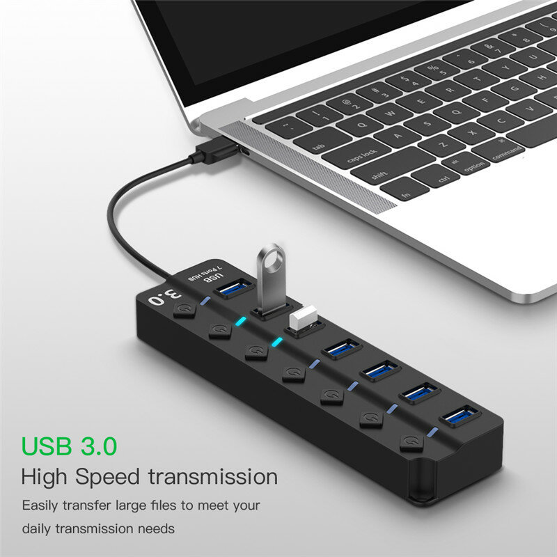 High Speed USB 3.0 HUB 4 / 7 Port USB3.0 Hub Splitter On/Off Switch LED Indicator with EU/US Power Adapter for MacBook Laptop PC