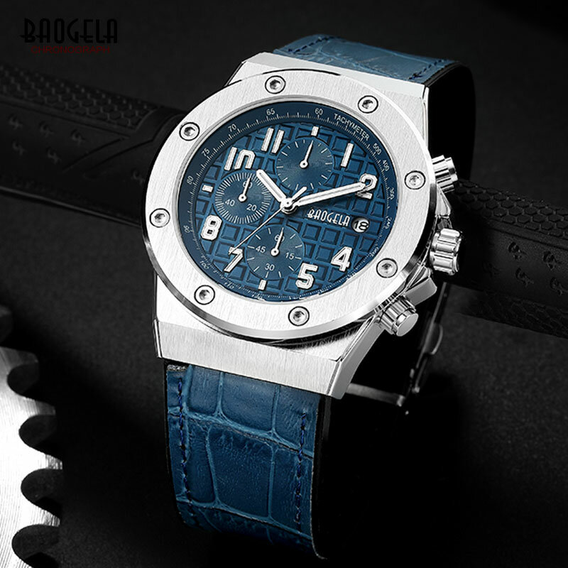 Novo relógio de quartzo baogela 2019 à prova d'água, cronógrafo casual luminoso, relógio de pulso masculino, pulseira de couro, 1805 azul