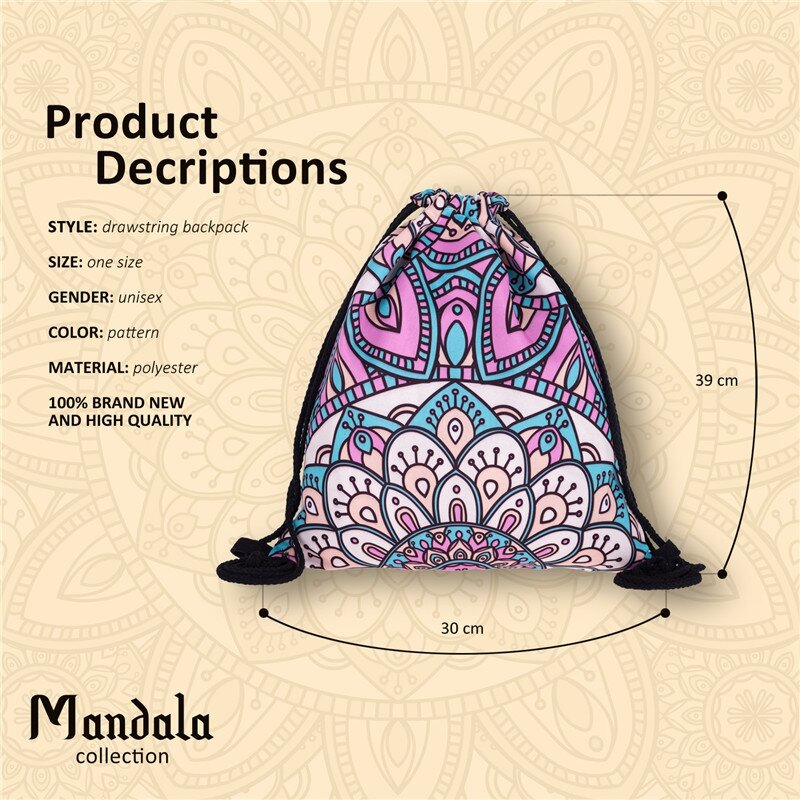 New fashion Women mandala Backpack 3D printing travel softback women mochila drawstring bag
