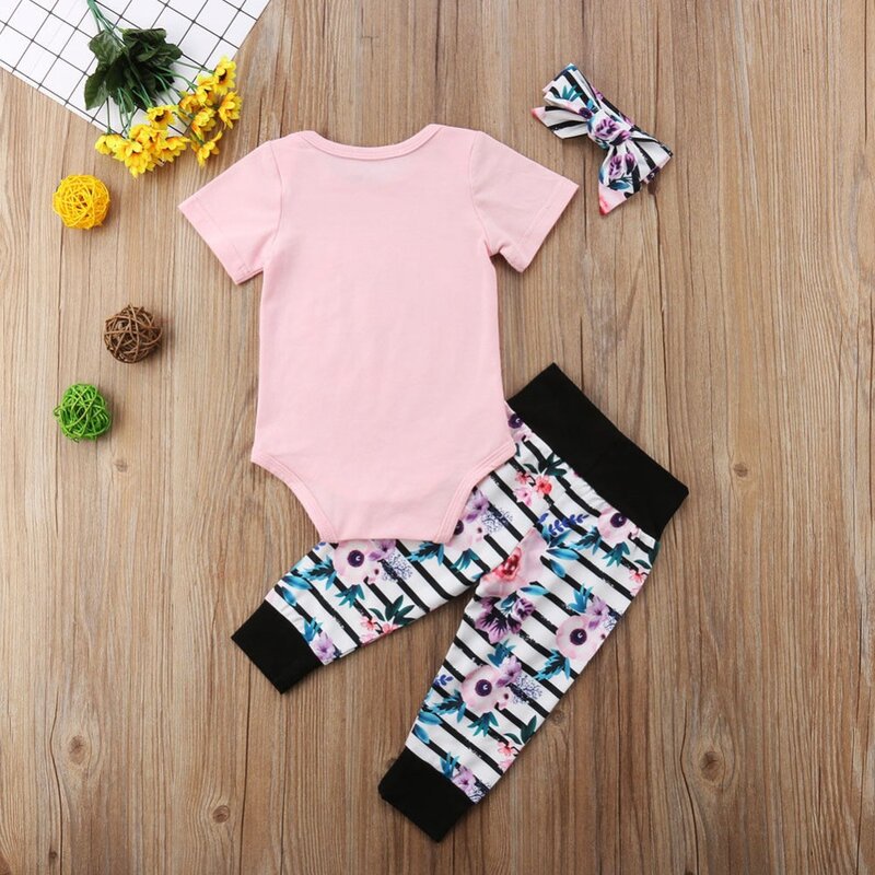 Bebê recém-nascido do miúdo roupas da menina conjunto rosa topos carta floral macacão + flor listra calças 3pcs roupas conjunto