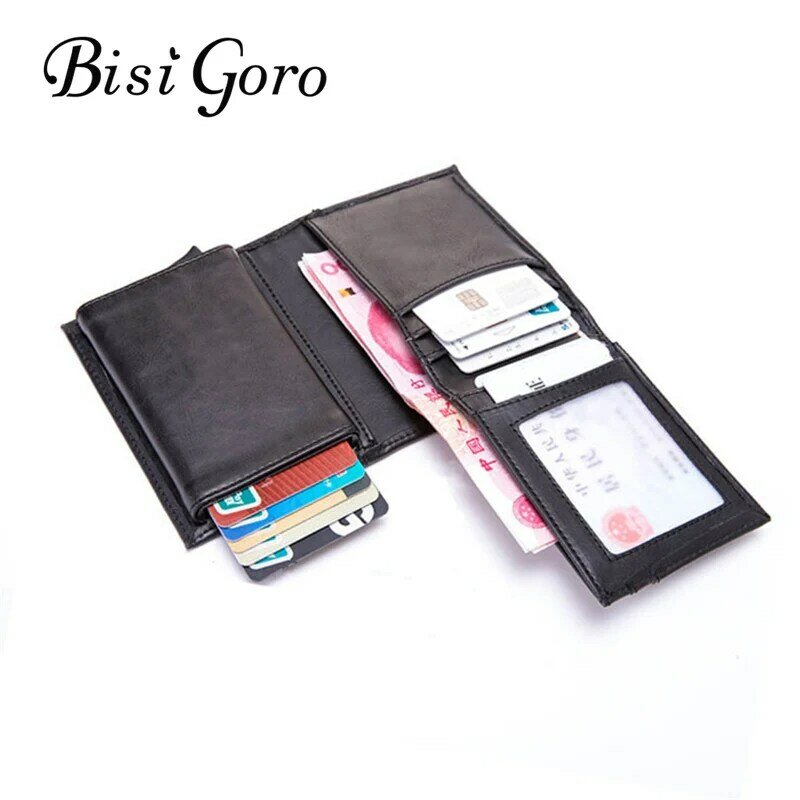 BISI GORO-tarjetero 2021 RFID, billetera con bloqueo, caja de aluminio, cuero PU, billetera de Metal automática, tarjetero para viaje