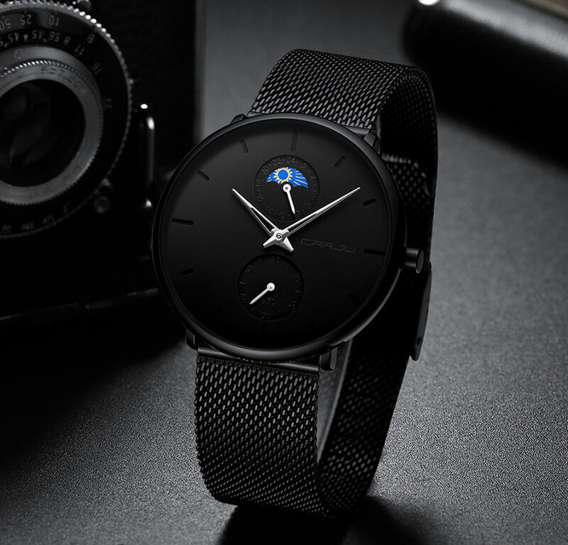 2019 Novos Relógios CRJU Top Marca Homens Moda de Luxo Vestido de Aço Relógio de Quartzo Presente Perfeito Black Dial relojes de Estilo Moderno hombre