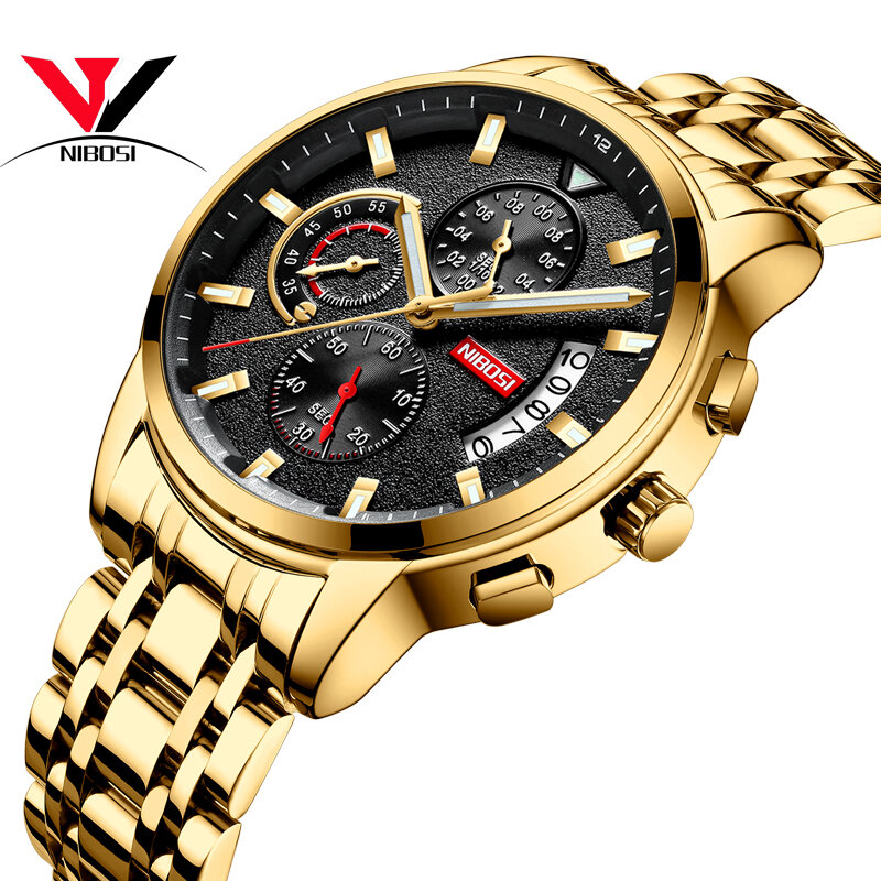 NIBOSI-reloj deportivo de lujo para hombre, cronógrafo de pulsera, resistente al agua, de acero inoxidable, color dorado, 2019